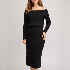 🆕 House of Harlow1960 2-Piece Black Knit Set Off-Shoulder Sweater Midi Skirt NWT